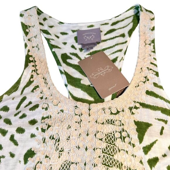 Anthropologie Vanessa Virginia green white leaf embroidered racerback top XS - Picture 2 of 9